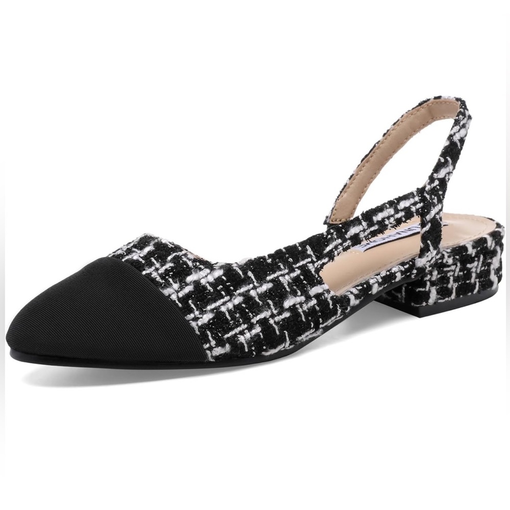 Stunahome Slingback Flats Round Closed-Toe Knit Suit Shoes (Black & White) (10)